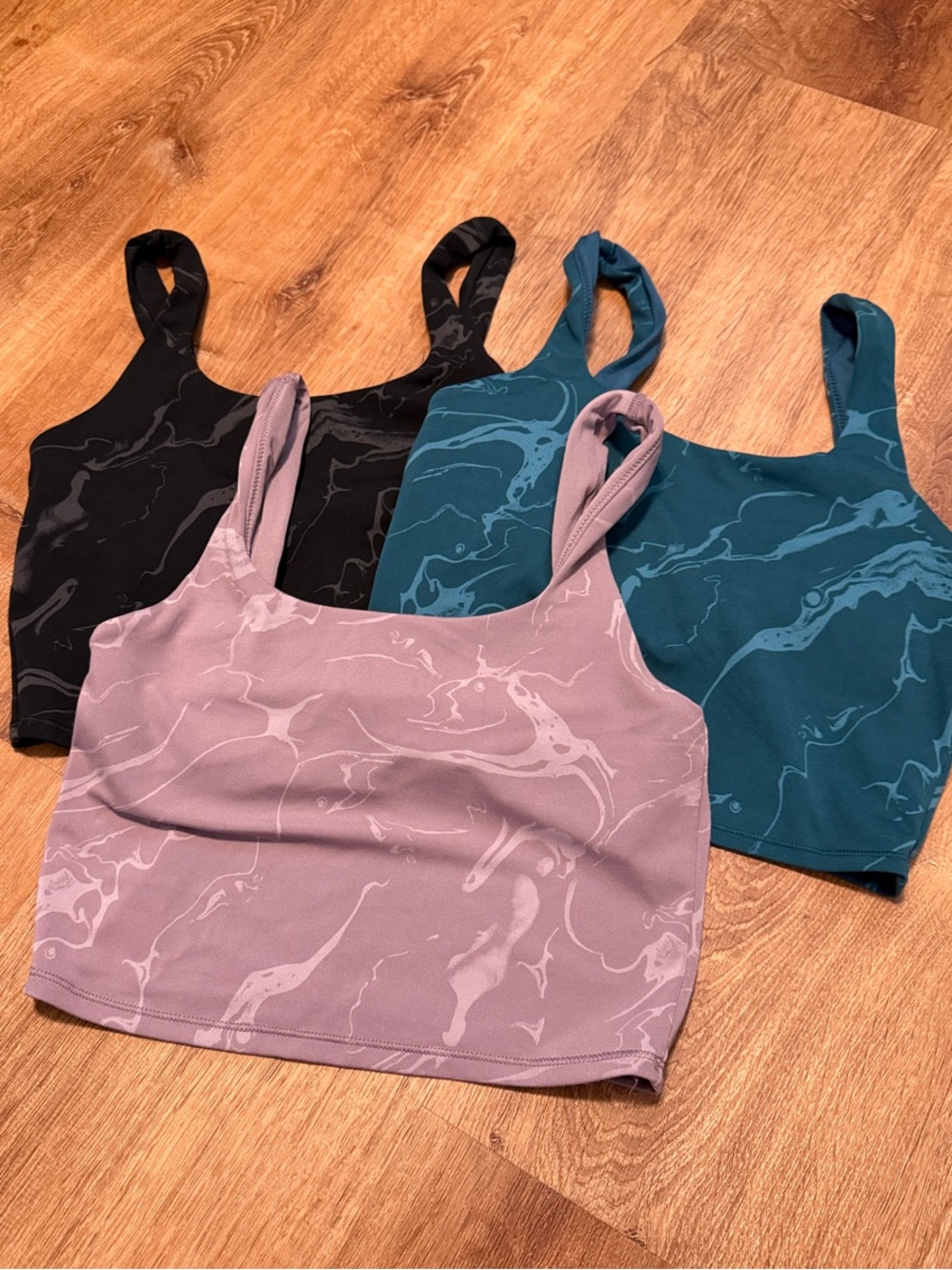 All In MotionMarble Print Scoop Neck Crop Tanks - Set of 3 (Mauve, Teal, Black)